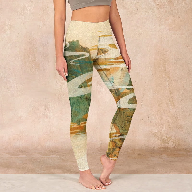 Green Mountains Clouds Mist Print Fitness Leggings Women's Yoga Pants
