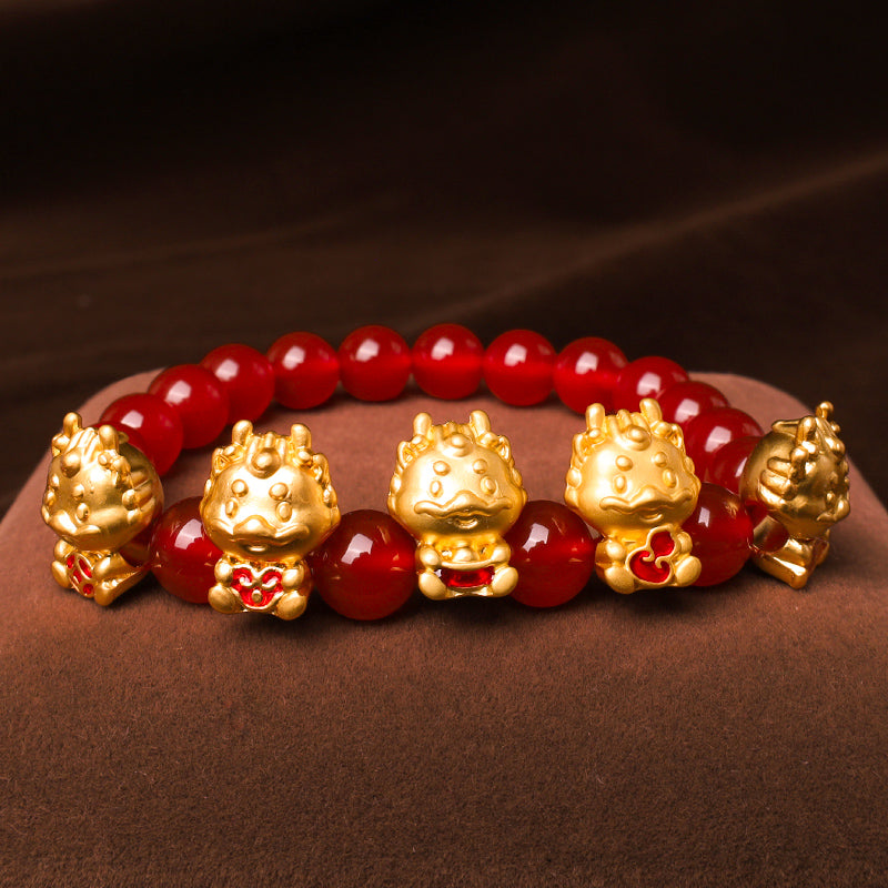 Year of the Dragon Natural Red Agate Copper Coin Fu Character Protection Bracelet