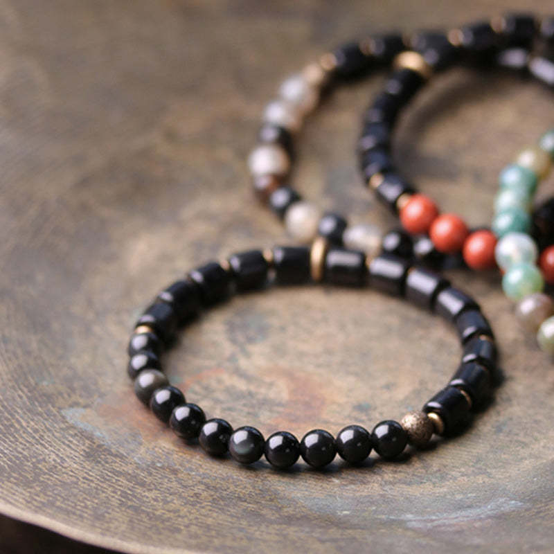 Ebony Wood Red Jasper Moss Agate Crystal Copper Peace Couple Bracelet