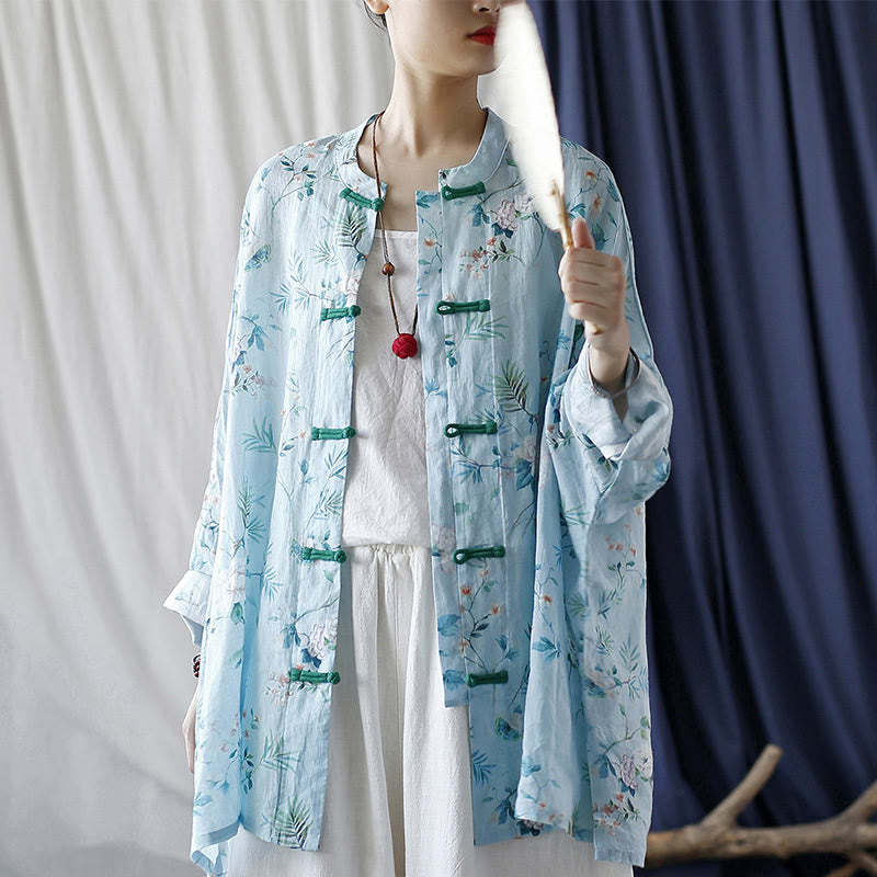 Light Green Pink Flowers Green Leaves Frog-Button Long Sleeve Ramie Linen Jacket Shirt
