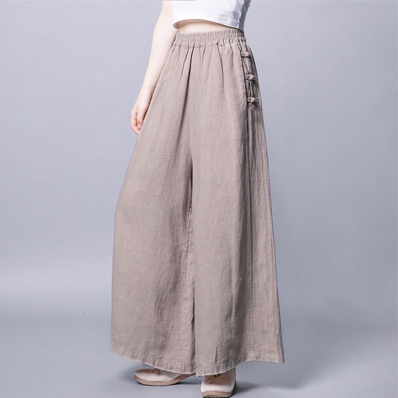 Casual Cotton Frog-Button High Waist Wide Leg Pants With Pockets