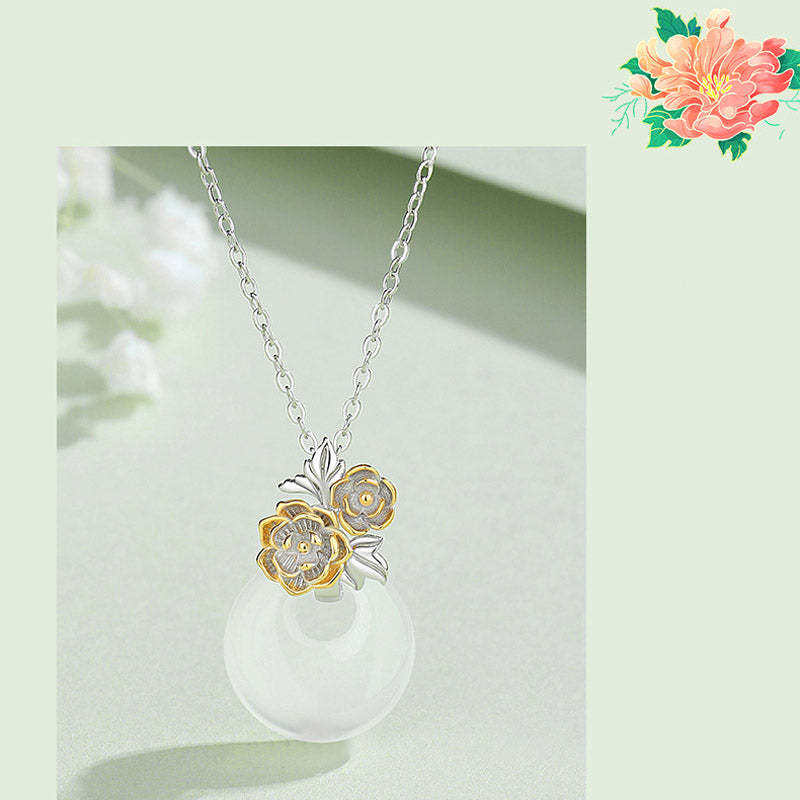 925 Sterling Silver Round Chalcedony Twelve Months Flower Harmony Necklace Pendant