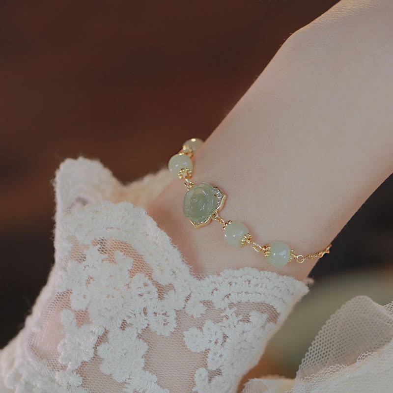 14K Gold Plated Hetian Jade Rose Flower Luck Chain Bracelet