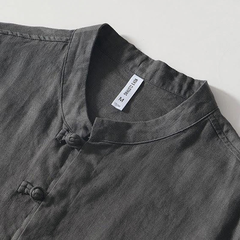 Daily Frog-Button Stand Collar Short Sleeve Linen Men's Shirt