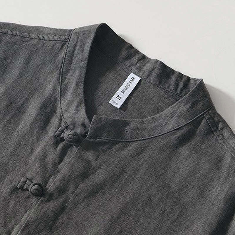 Daily Frog-Button Stand Collar Short Sleeve Linen Men's Shirt