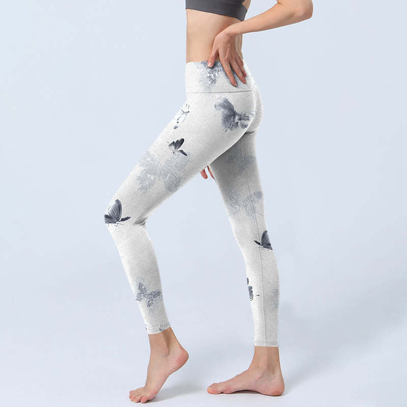 White Gray Butterfly Print Sports Leggings Women's Yoga Pants