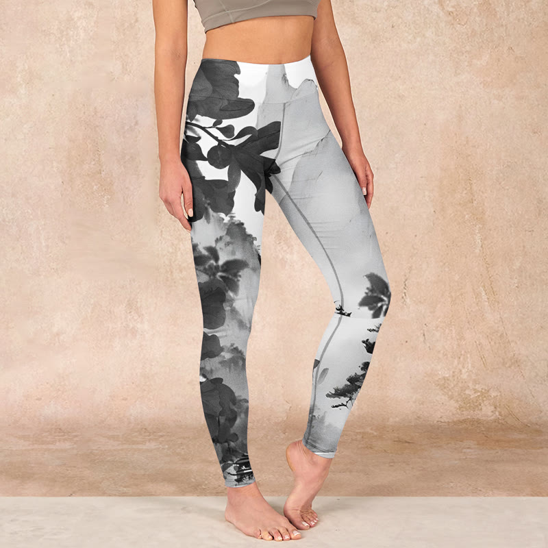 Ink Painting Trees Mountains Scenery Print Gym Leggings Women's Yoga Pants