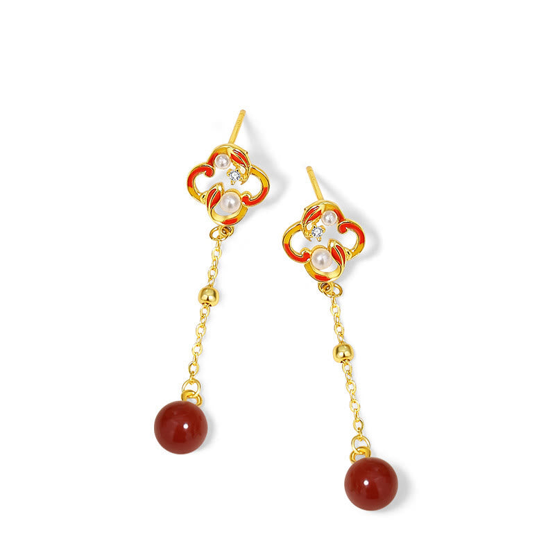 925 Sterling Silver Four Leaf Clover Koi Fish Red Agate Pearl Wealth Bracelet Necklace Pendant Earrings Set