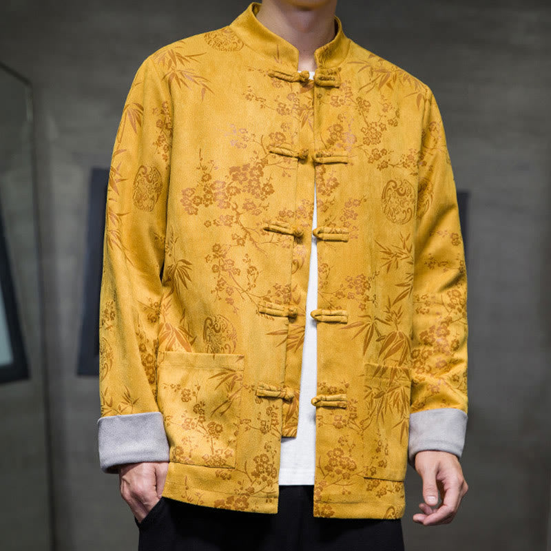 Chinese New Year Clothes Flowers Bamboo Solid Color Cuff Frog-button Tang Suit Cotton Men's Jacket Shirt With Pockets