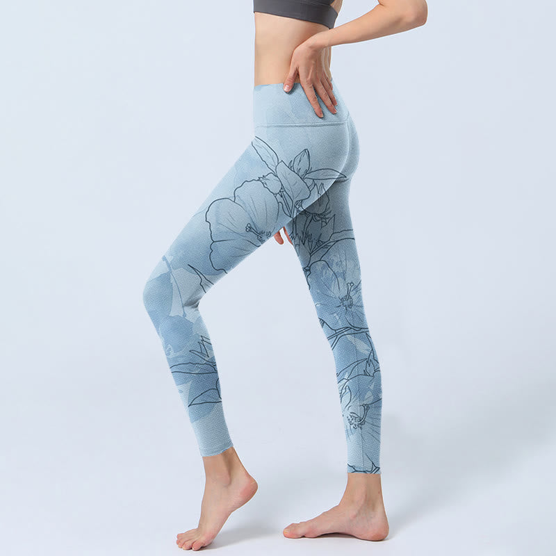 Blue Flower Sketch Print Sports Leggings Women's Yoga Pants