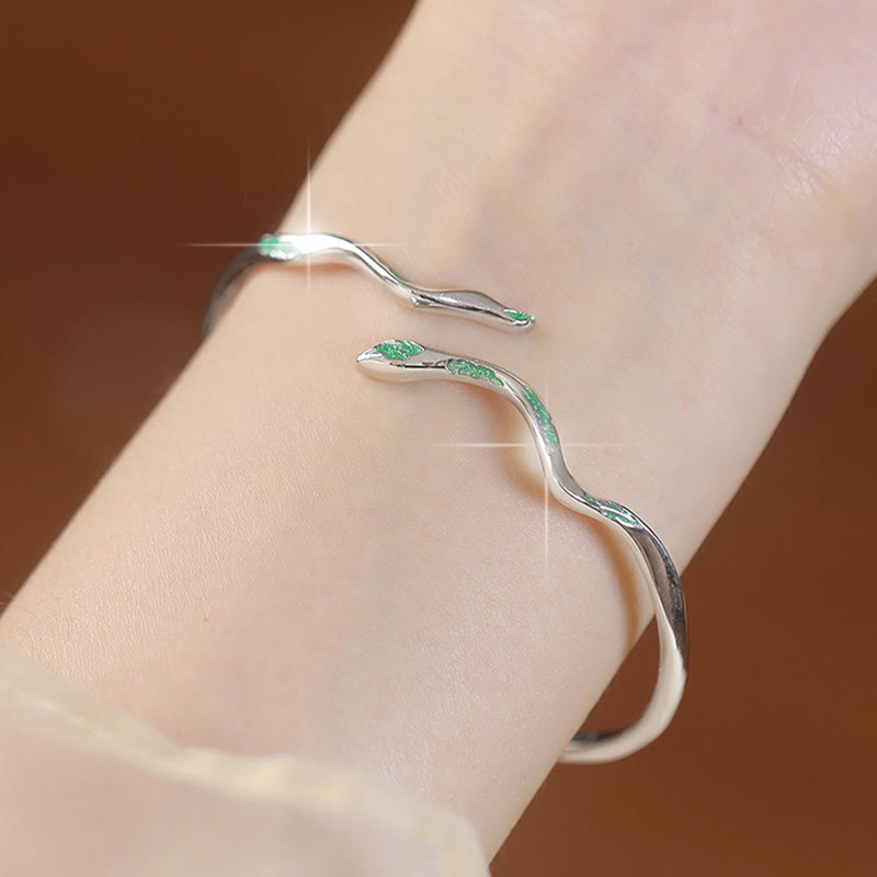 925 Sterling Silver Green Snake Enamel Craft Year Of The Snake Calm Cuff Bracelet Bangle