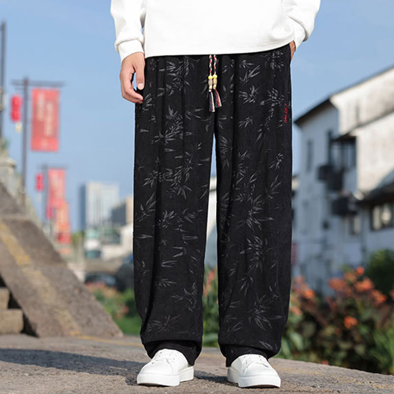 Embroider Leaves Casual Cotton Men's Pants With Pockets