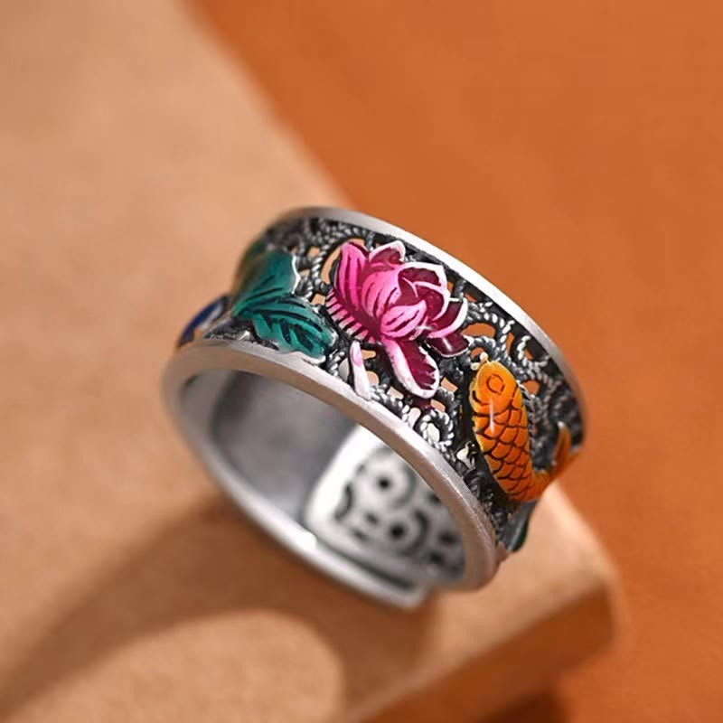 Copper Blue Enamel Lotus Heart Sutra Koi Fish Luck Ring