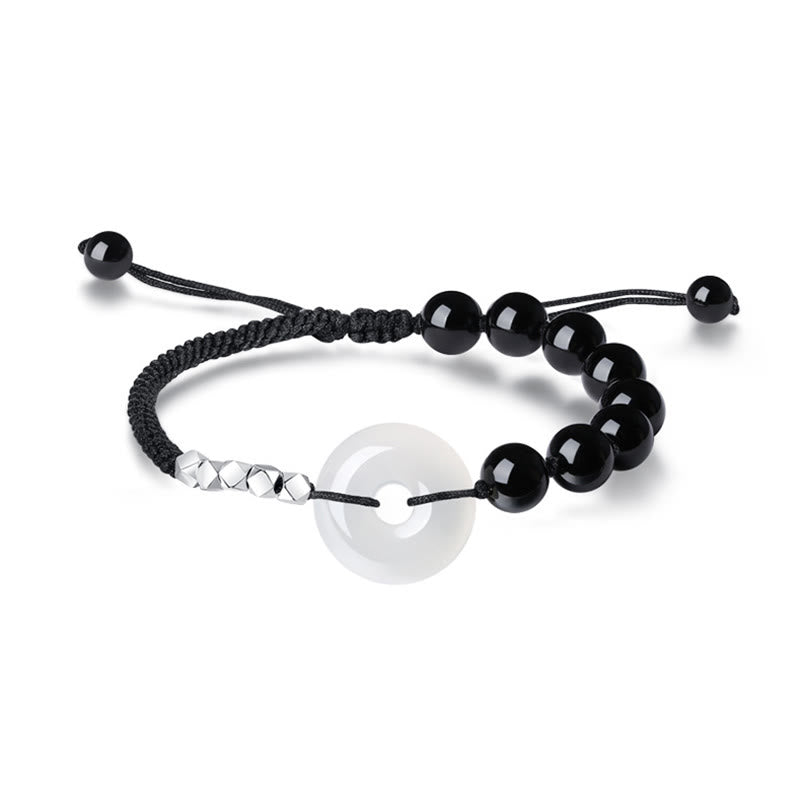 925 Sterling Silver Black Obsidian Agate Peace Buckle Strength Bracelet