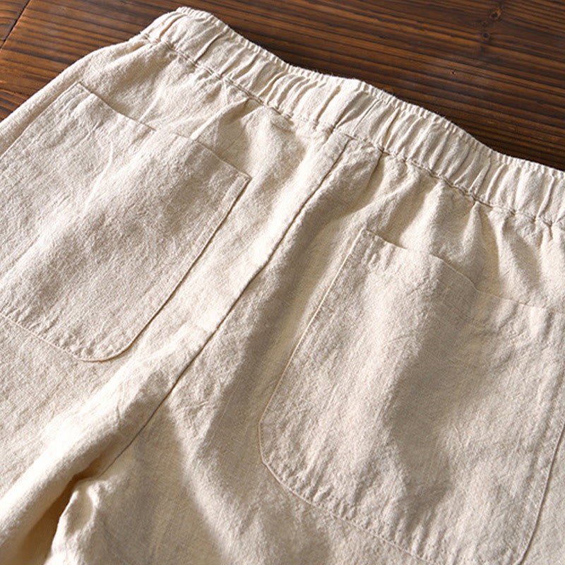 Casual Solid Color Simple Design Drawstring Ramie Linen Men's Pants With Pockets
