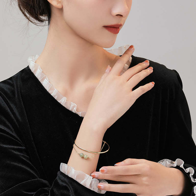 Copper Plated Gold Hetian Jade Bead Luck Double Layer Bracelet Bangle