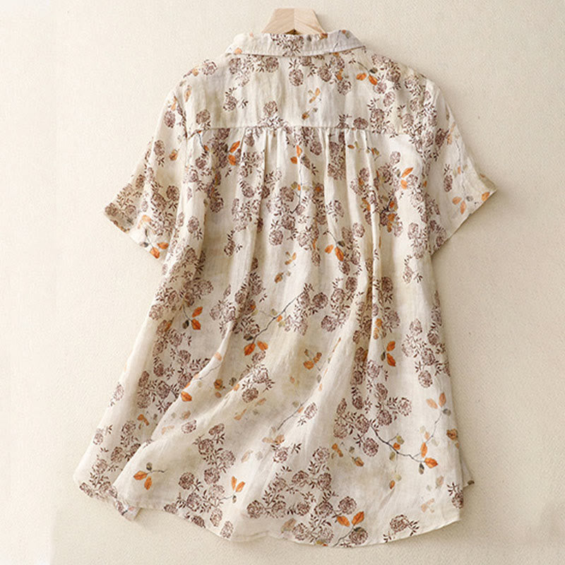 Casual Floral Print Buttons Women's Stand Collar Design Half Sleeve Carbon Fiber Shirt