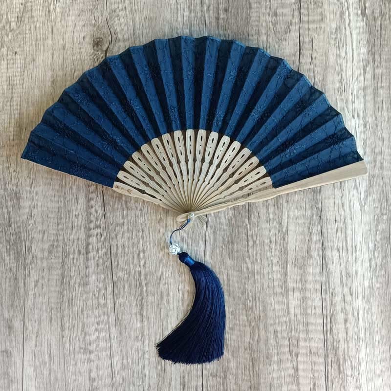 Solid Color Hollow Flowers Embroidery Cotton Fabric Handheld Bamboo Folding Fan