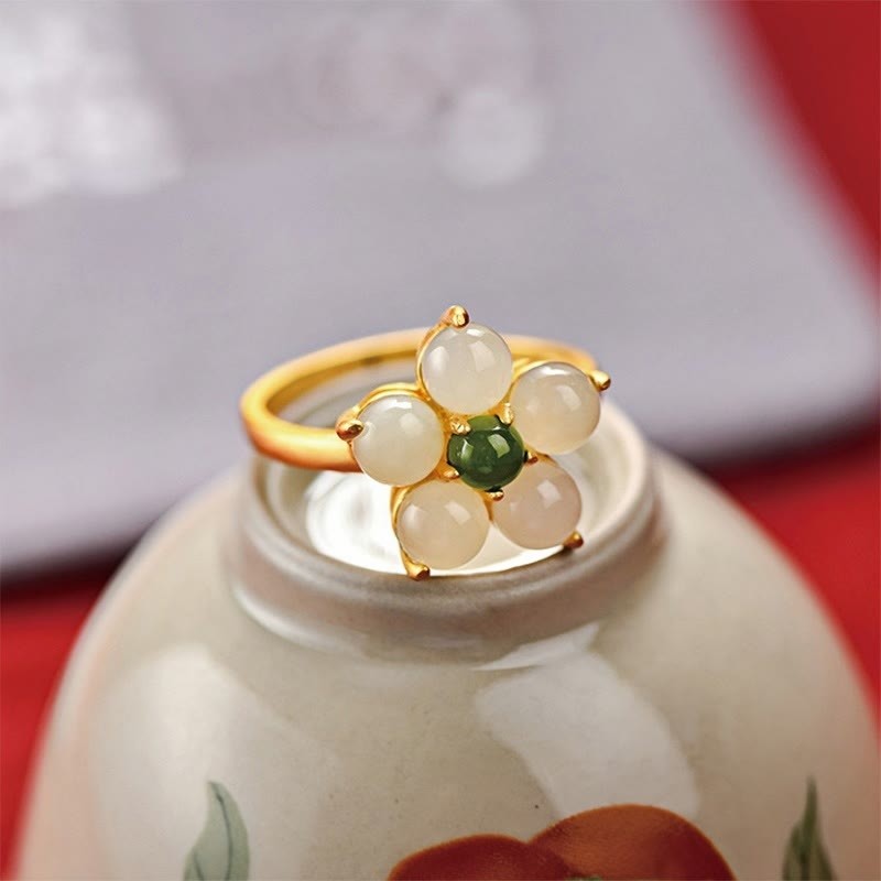 925 Sterling Silver Natural Hetian Jade Peach Blossom Flower Luck Adjustable Ring