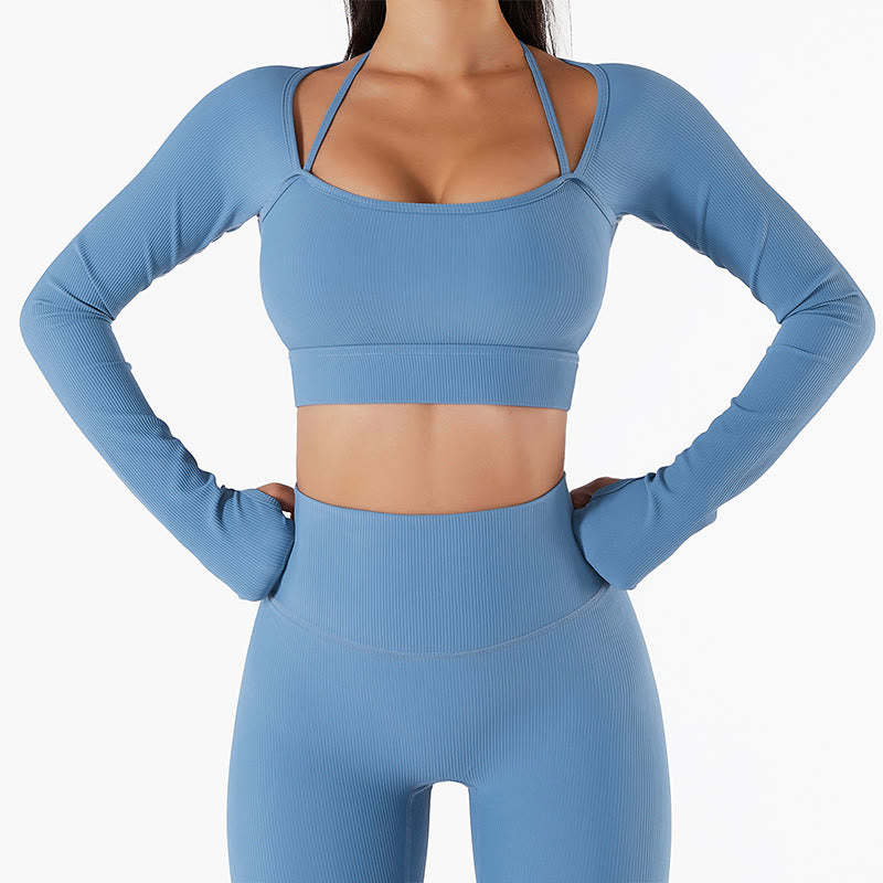 Ribbed Long Sleeve Crop Top T-shirt Shorts Sports Fitness Gym Yoga Outfits