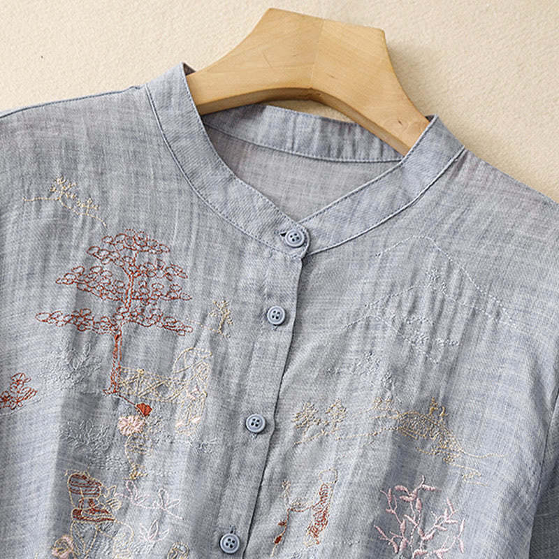 Casual Embroidered Plant Stand Collar Design Three Quarter Sleeve Women's Cotton Linen Shirt