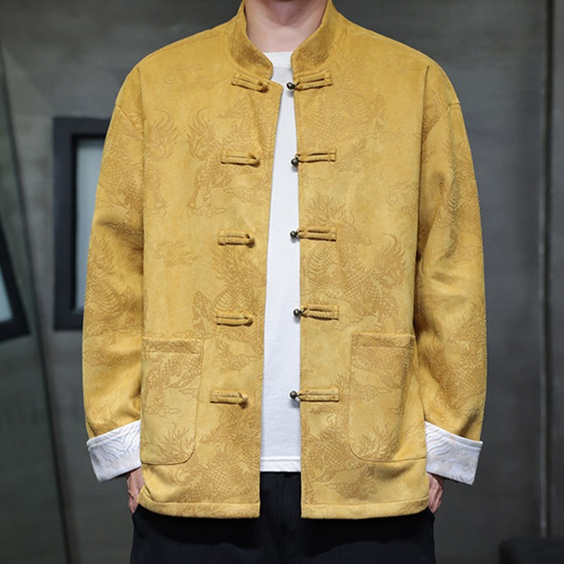 Chinese New Year Kirin Print Frog-button Tang Suit Men's Jacket Shirt With Pockets