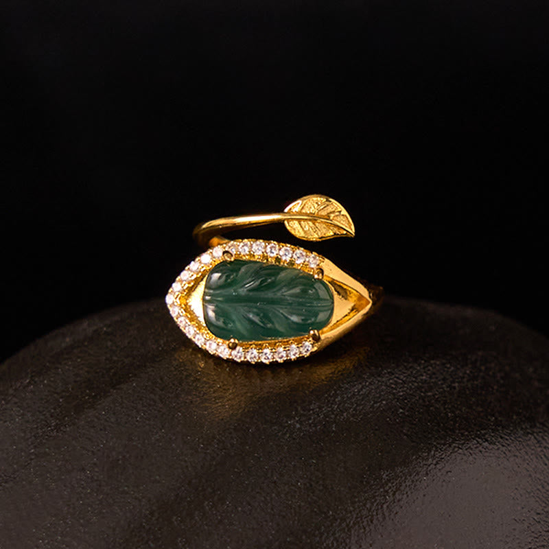 Copper Plated Gold Natural Jade Leaf Prosperity Adjustable Ring
