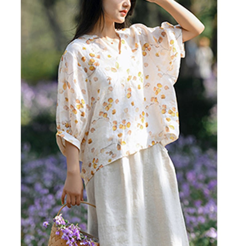 Fruits Leaves Pattern Lantern Sleeve Top Loose Tee T-shirt