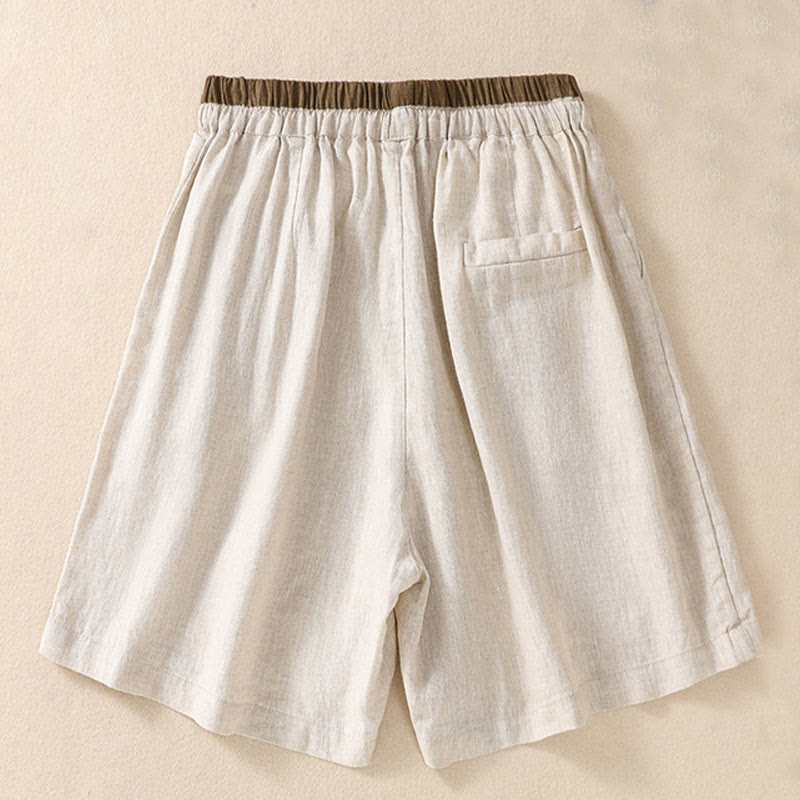 Solid Color Contrast Color Waist Lace-up Cotton Linen Women's Shorts With Pockets