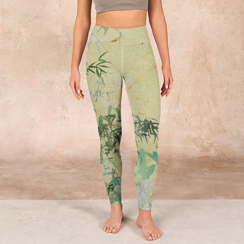 Bamboo Print Lycra Fabric Fitness Leggings Women's Yoga Pants