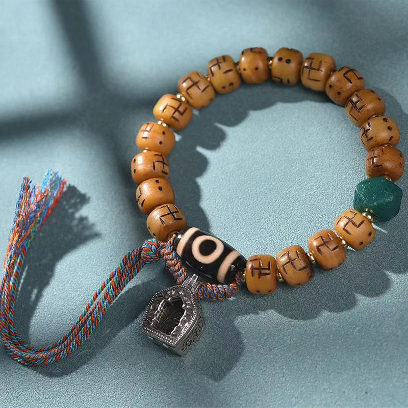 Natural Tibetan Camel Bone Swastika Dzi Bead Shankha mystic zen Charm Kirtimukha Luck Protection Tassel Bracelet