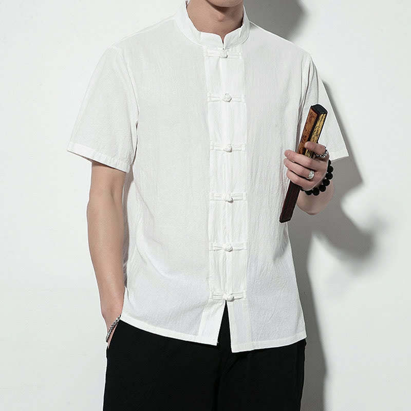 Casual Solid Color Front Frog Buttons Chinese Tang Suit Short Sleeve Linen Men's Shirt