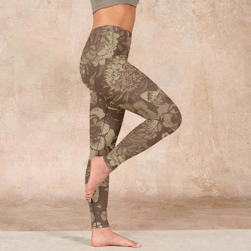 Peony Flowers Leaves Blossom Print Gym Fitness Leggings Women's Yoga Pants