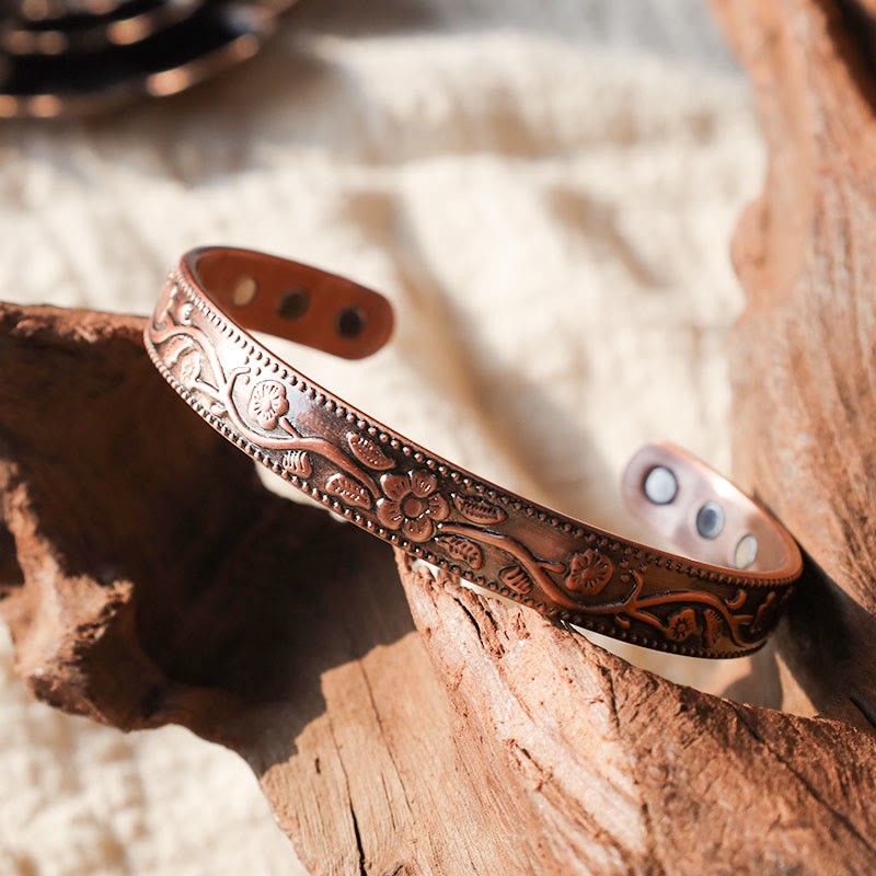 Floral Magnetic Copper Adjustable Cuff Bracelet Bangle