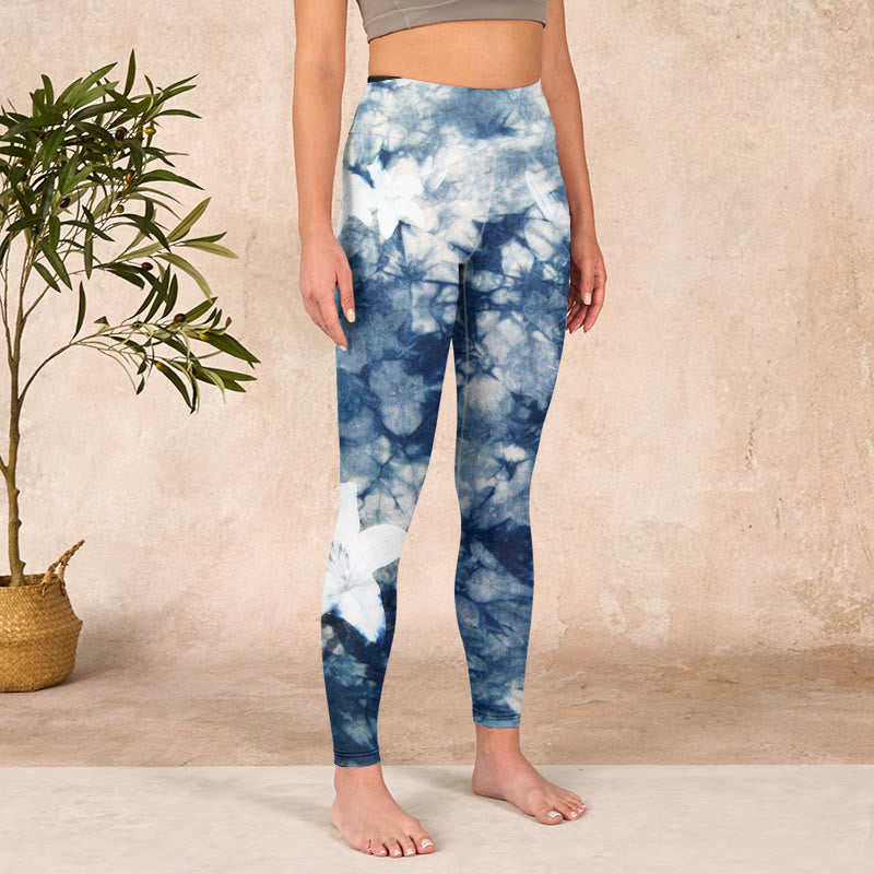 Blue Lily Flowers Watercolor Texture Print Gym Leggings Women's Yoga Pants