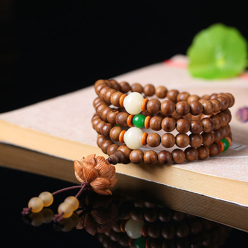 108 Mala Beads Peach Wood Bodhi?Seed Lotus Prayer Meditation Bracelet