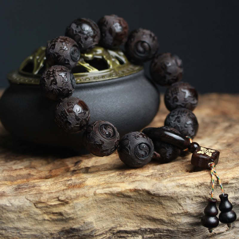 Ebony Wood Chinese Character Yin Yang Engraved Gourd Balance Bracelet