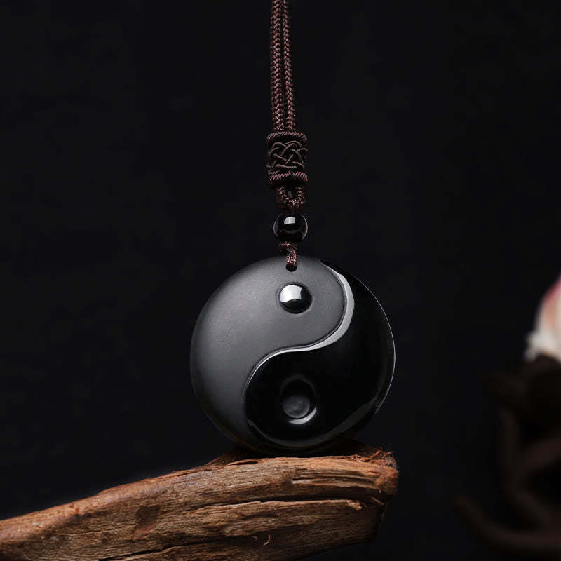 Black Obsidian Taoism Five Sacred Mountains Nine-Character Mantra Carved Purification Yin Yang Necklace Pendant