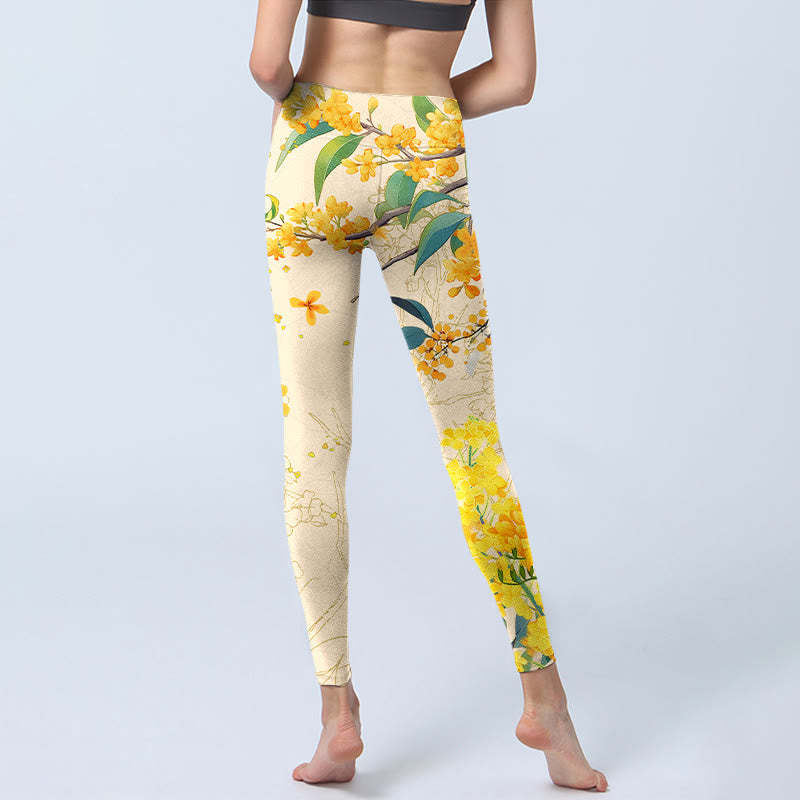 Yellow Osmanthus Fragrans Rapeseed Print Gym Leggings Women's Yoga Pants