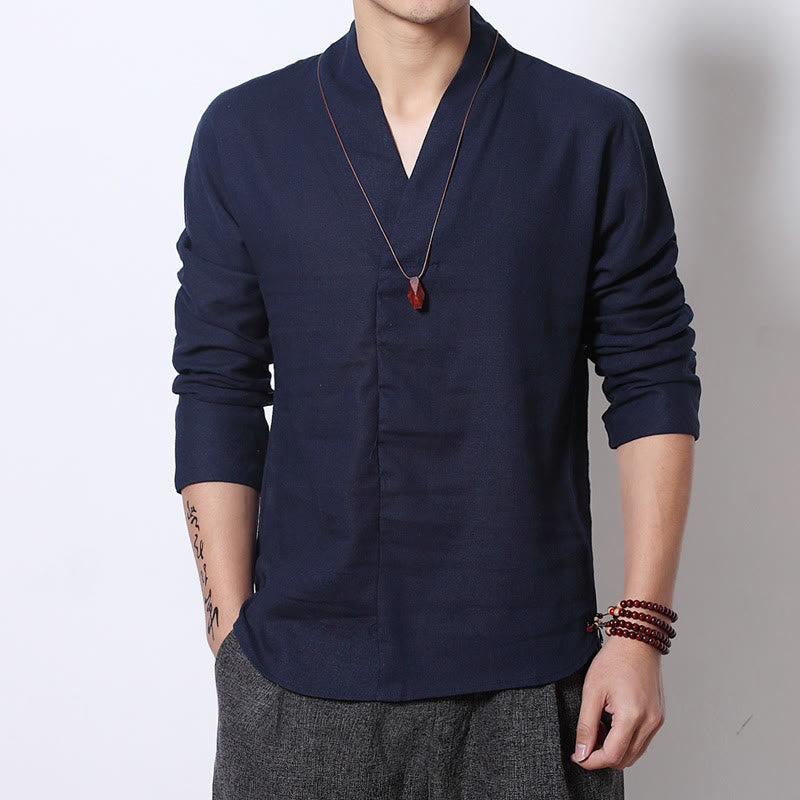 Casual V-Neck Long Sleeve Shirt Linen Men Clothing