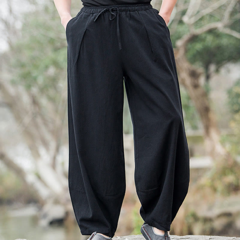 Plain Casual Linen Bloomer Men's Pants With Pockets