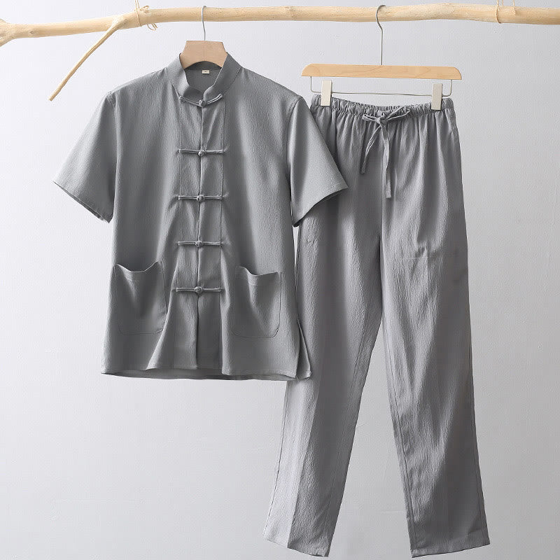 Tang Frog-Button Short Sleeve Shirt Wide Leg Pants Men's Suit