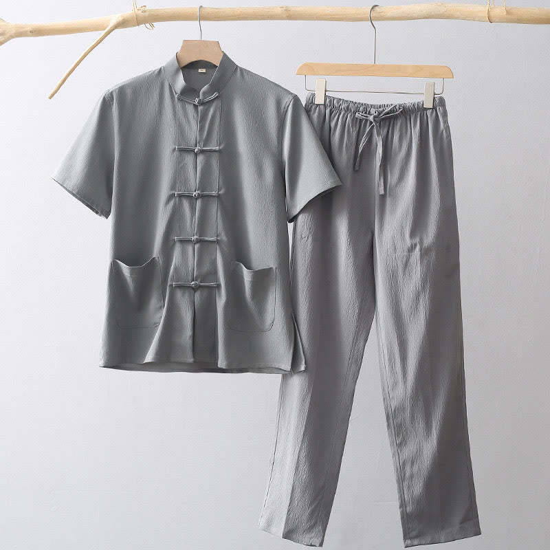 Tang Frog-Button Short Sleeve Shirt Wide Leg Pants Men's Suit