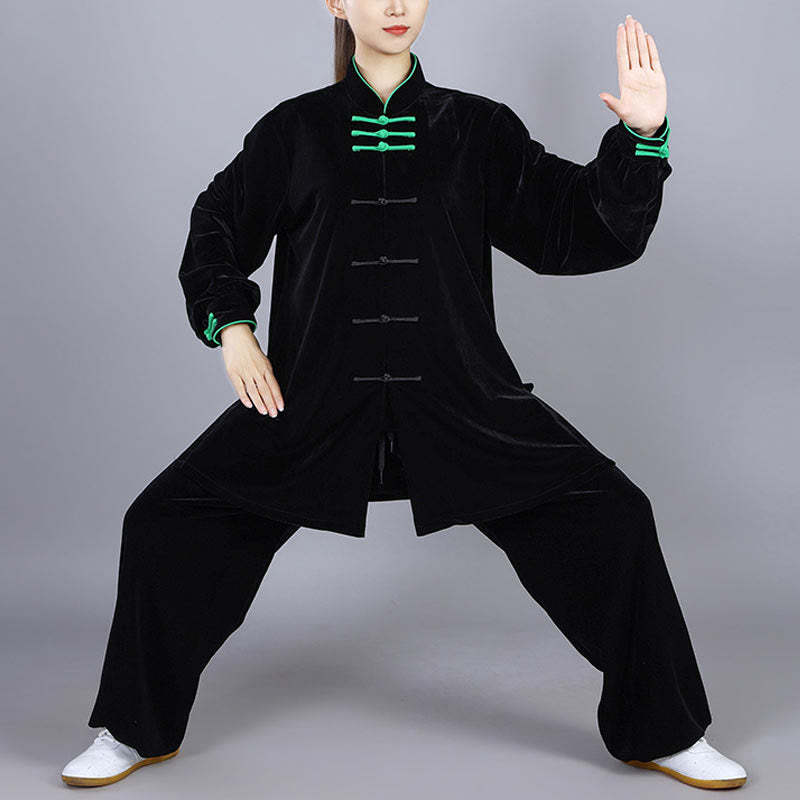 2Pcs Fall Winter Tai Chi Qigong Practice Unisex Frog-Button Meditation Velour Clothing Set