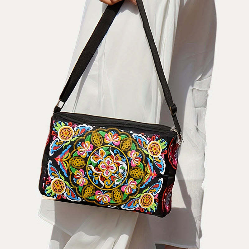Galsang Inula Flower Peony Peacock Double-Sided Embroidery Canvas Shopping Purse Handbag Crossbody Bag