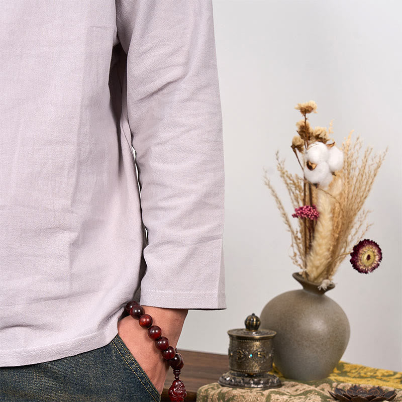Solid Color Lace-up Long Sleeve Cotton Linen Men's Shirt