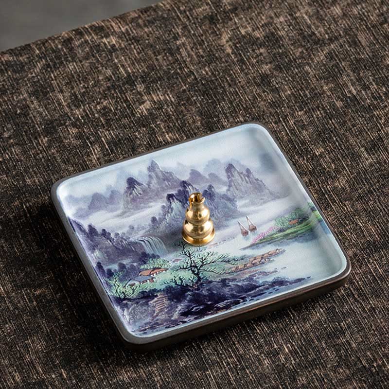 Mountain Lake Flower Leaf Healing Ceramic Plate Tray Stick Incense Burner Decoration