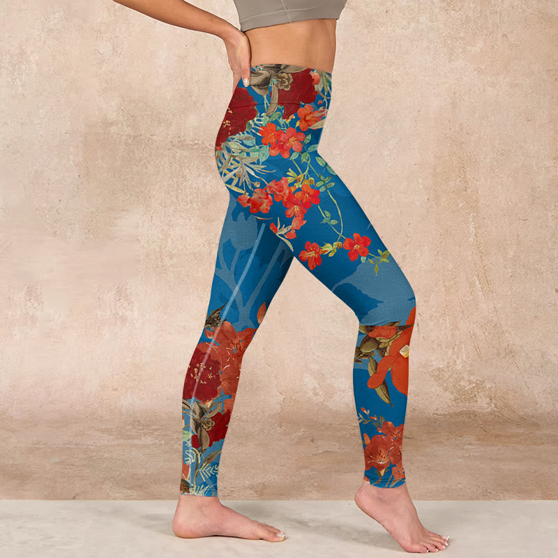 Blue Red Flowers Birds Print Gym Leggings Women's Yoga Pants