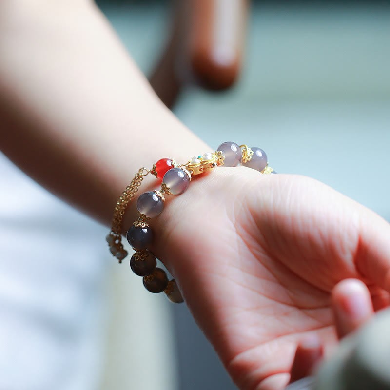 Natural Gray Agate Fu Character Pearl Tassel Balance Bracelet