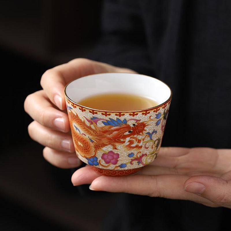 2Pcs Dragon Phoenix Ceramic Teacup Kung Fu Tea Cups
